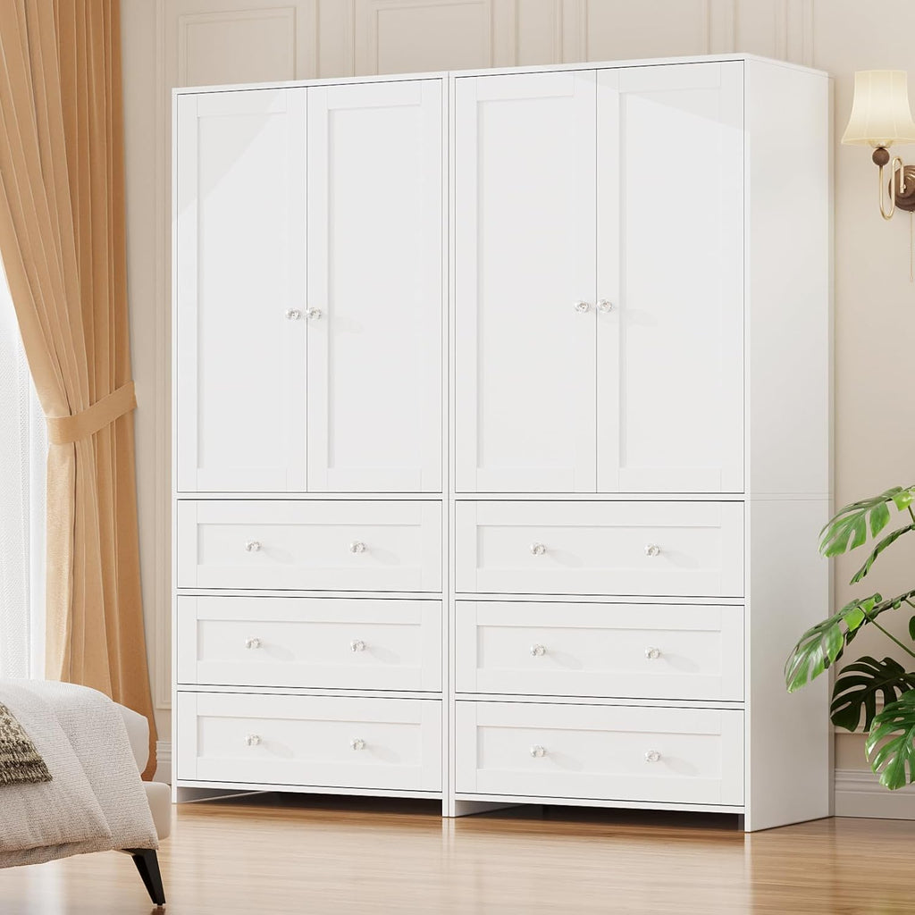 71" Tall Armoire Wardrobe Closet with Drawers and Mirror | Clothing Storage Cabinet with Hanging Rod, 2 Doors Wooden
