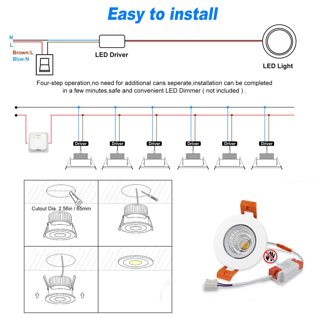 2inch LED Dimmable Downlight, 3W COB Recessed Ceiling Light, Warm White 3000K-3500K, CRI80, 25W 220LM Halogen Bulbs