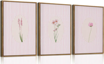 3 Piece Framed Wall Art Wildflowers Wall Decor Botanical Canvas Art Floral Pictures Stripe Paintings Pink Prints Boho