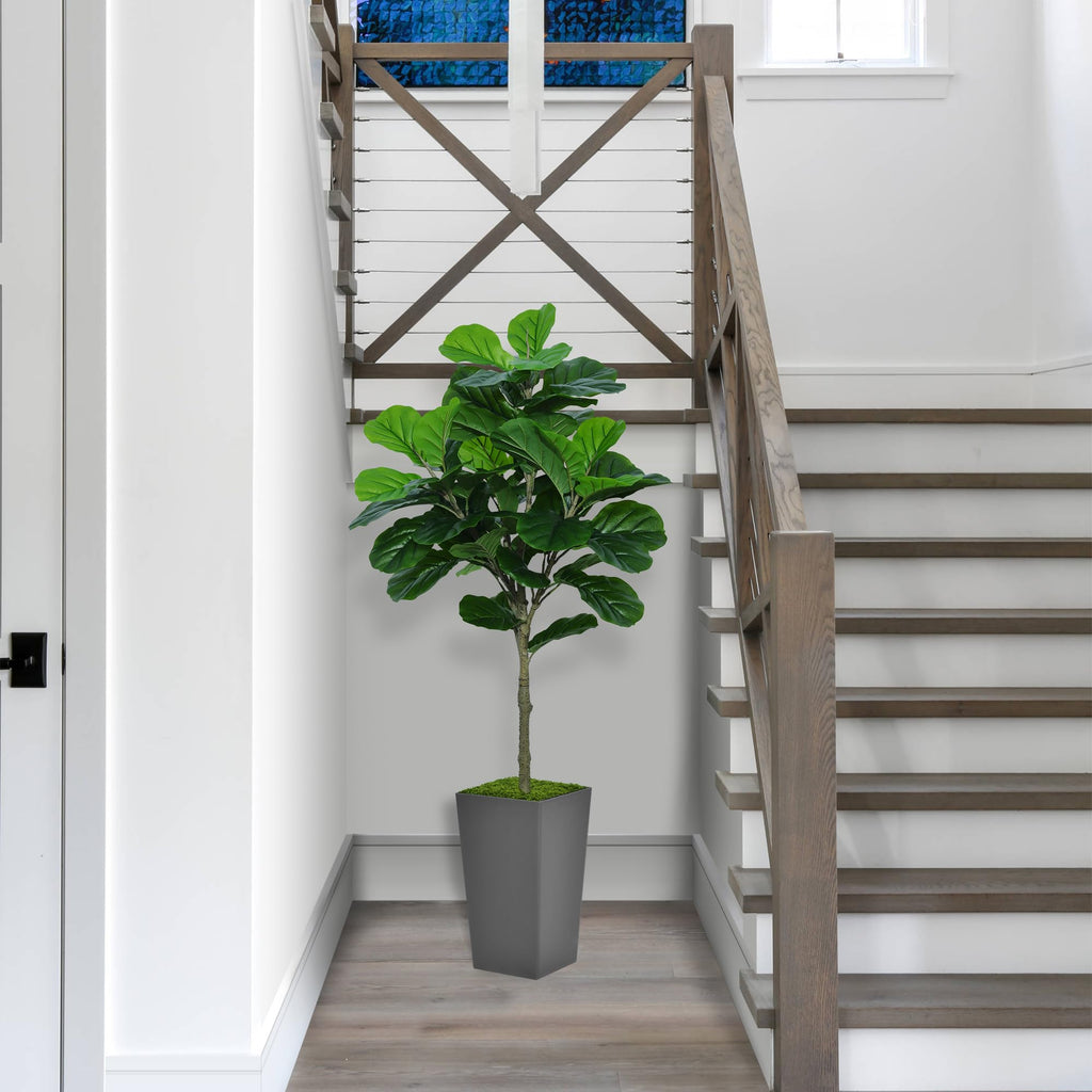 Fiddle Leaf Fig Tree Artificial 5FT - Faux Fiddle Leaf Fig Tree with Gray Tall Planter - Fake Ficus Lyrata Floor