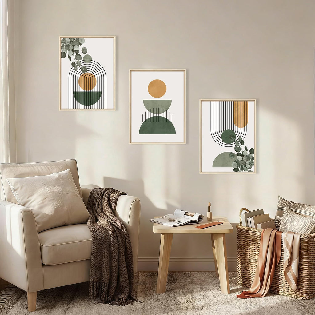 Boho Sage Green Leaves Framed Canvas Wall Art Set,Abstract Mid Century Geometric Arch Line Circle Decor,Modern