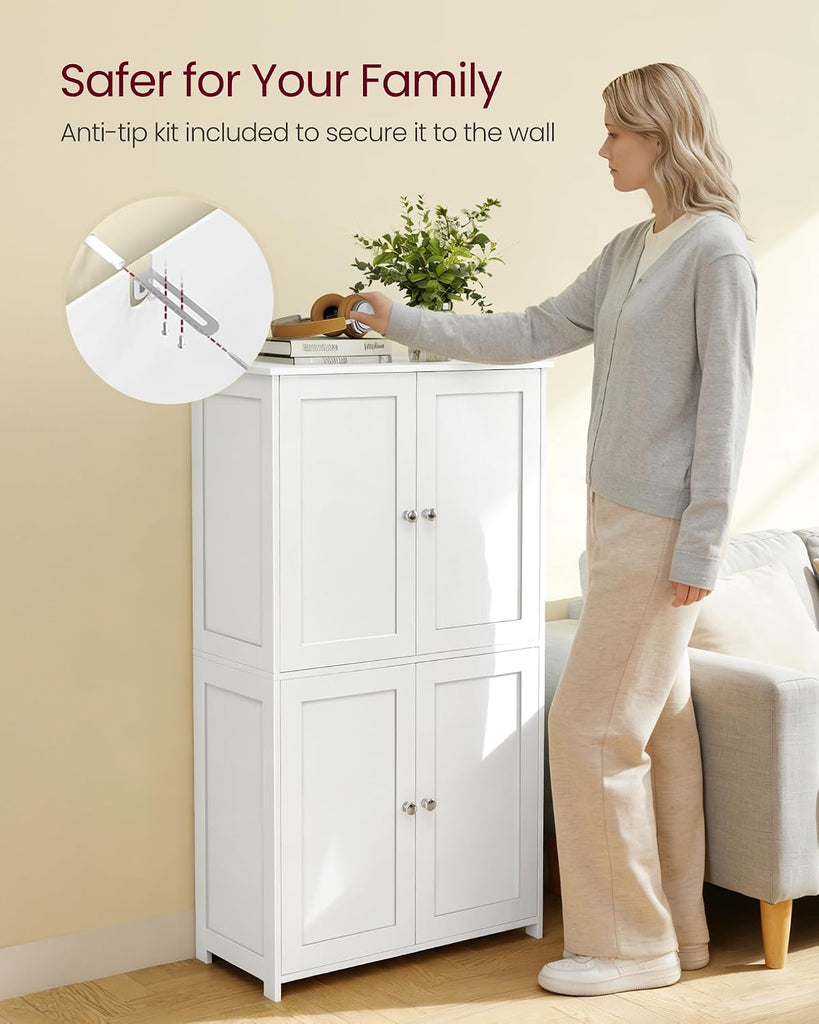 Floor Storage Cabinet, Shaker Cabinet with 2 Adjustable Shelves, 4 Doors, Tall Freestanding Organizer Unit, Bathroom