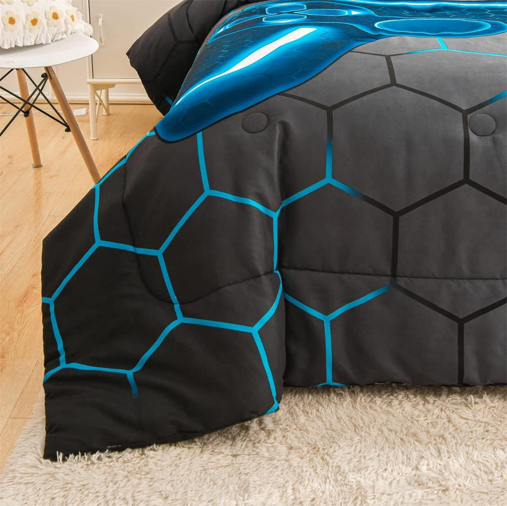 Game Console Comforter Set for Boys Girls Kids 3D Gaming Geometric Lightweight Microfiber Bedding Sets (blue, Queen)