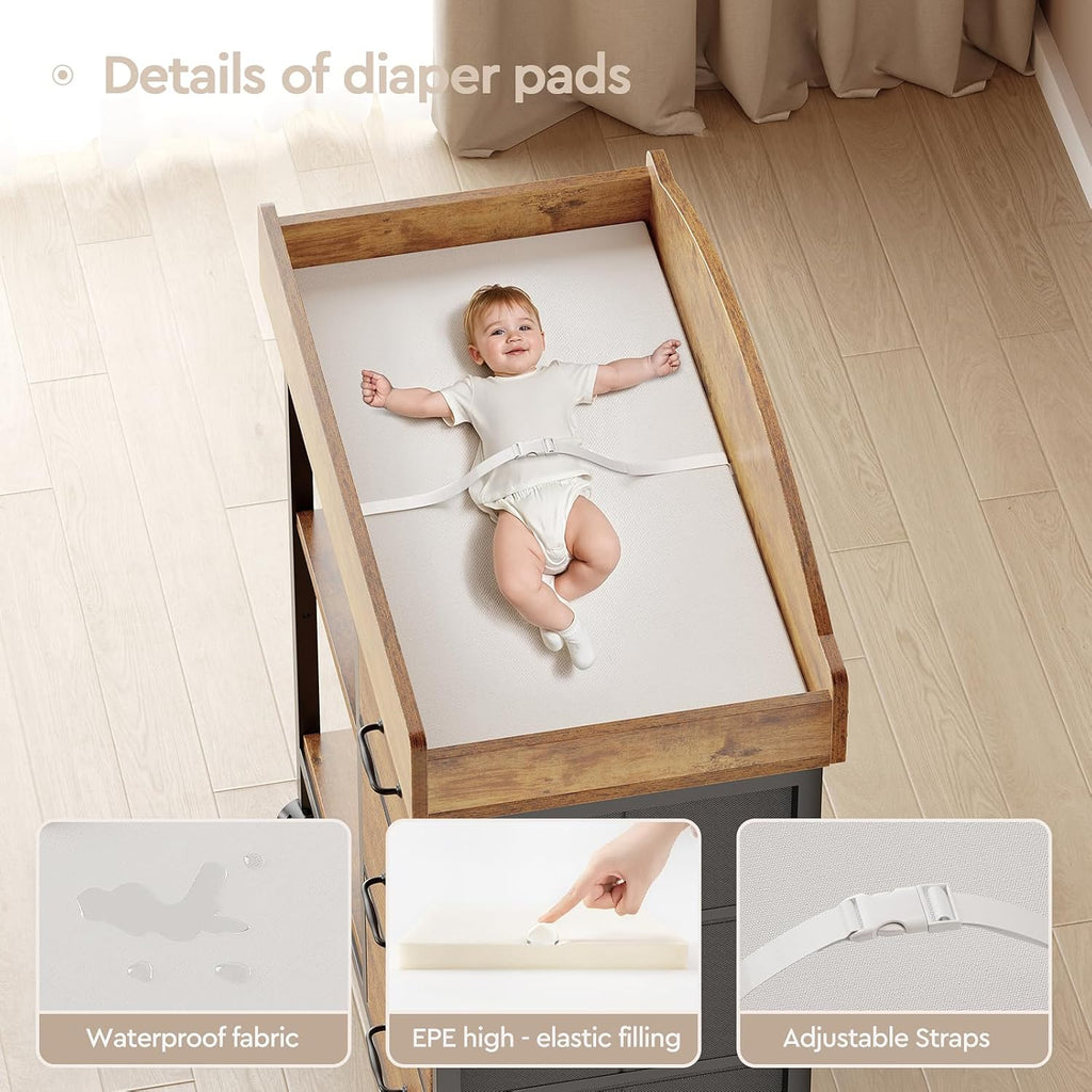 Changing Table, 3 Drawers&2 Shelves, Changing Table Dresser, Brown | Baby Changing Table,Waterproof Diaper pad &