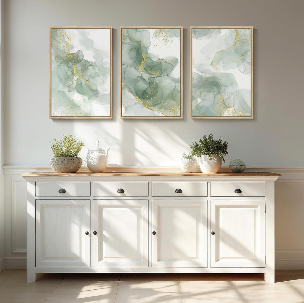 Framed Sage Green Abstract Wall Art, 3 Piece Modern Canvas Prints Paintings Artwork for Walls, Minimalist Green and