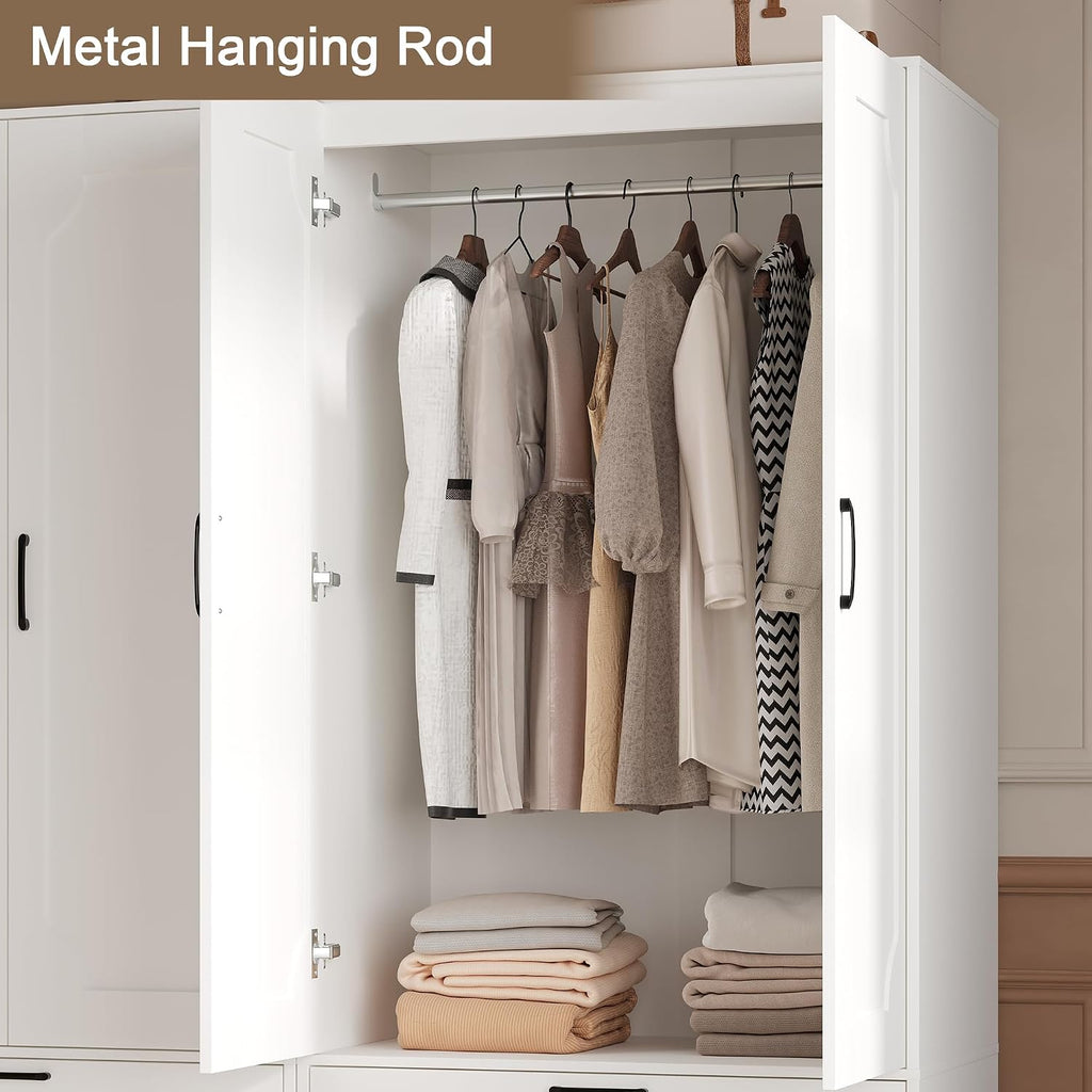 71''H Armoire Wardrobe Closet with 2 Doors and 2 Drawers | Modern Clothing Storage Cabinet with Hanging Rod, Wooden