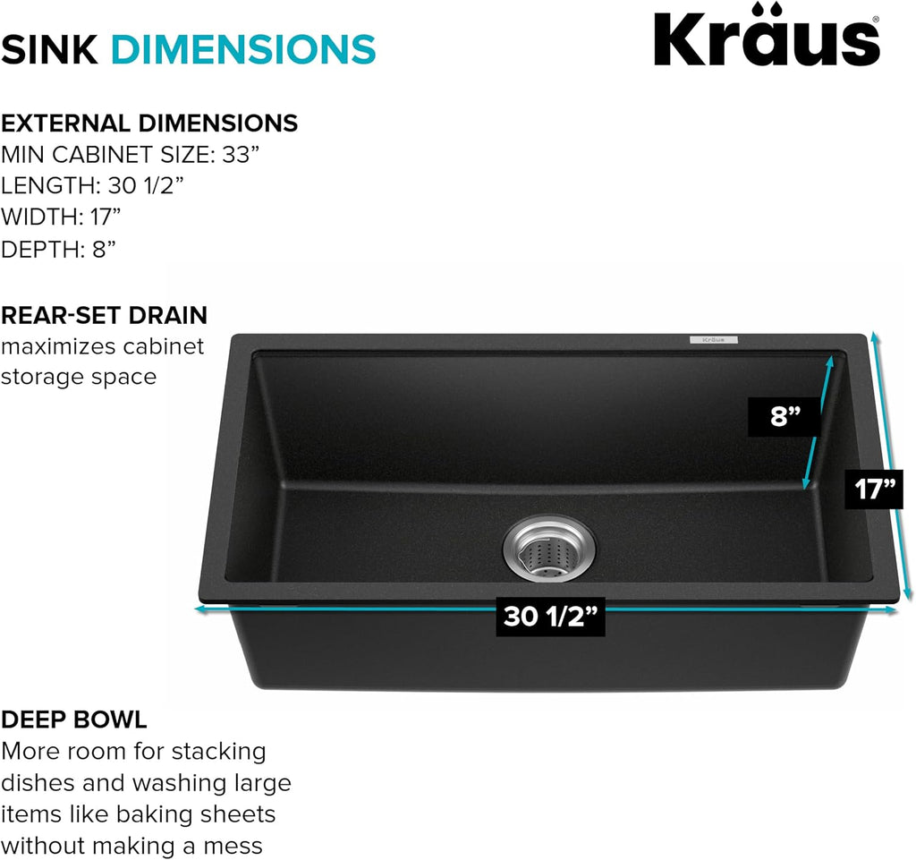 Black Onyx 31 in Undermount Granite Kitchen Sink KGU-413B