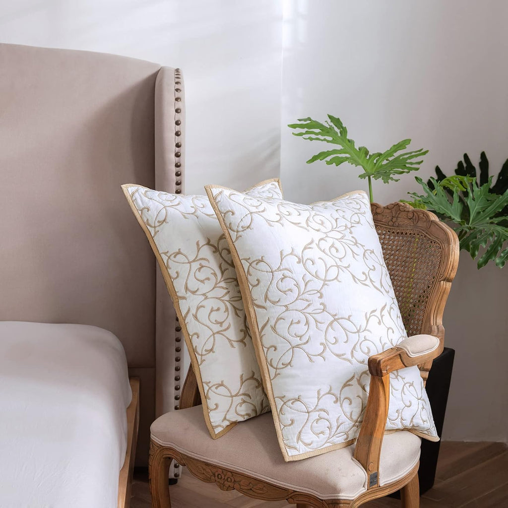 Quilt Set 3-Piece, Cotton Blend Reversible Bedspread, Elegant Beige Embroidery Pattern Coverlet with 2