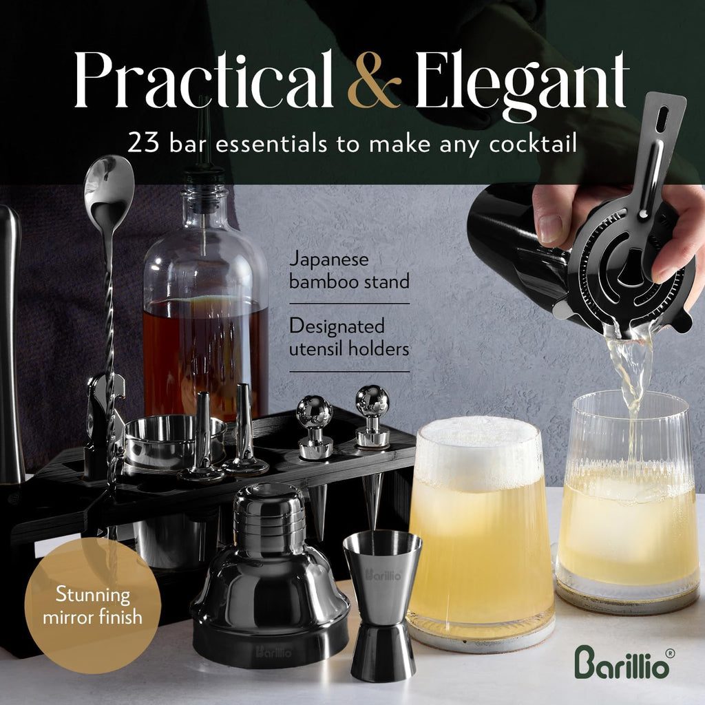 Black Bartender Kit - Stainless-Steel Cocktail Shaker Set w/Black Bamboo Stand - Mixology Bar Tools w/Drink Shaker