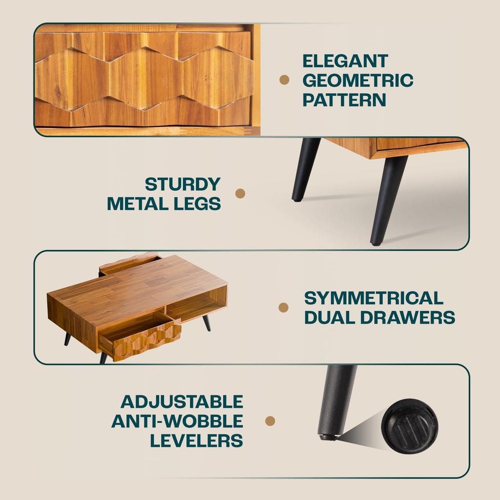 Georgina Solid Wood Coffee Table, 2 Drawers & Open Shelves, Teak Brown