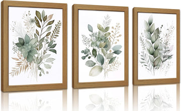Sage Green Botanical Wall Art Set of 3, Eucalyptus Leaf Canvas Prints, Minimalist Watercolor Style Boho Nature Plant
