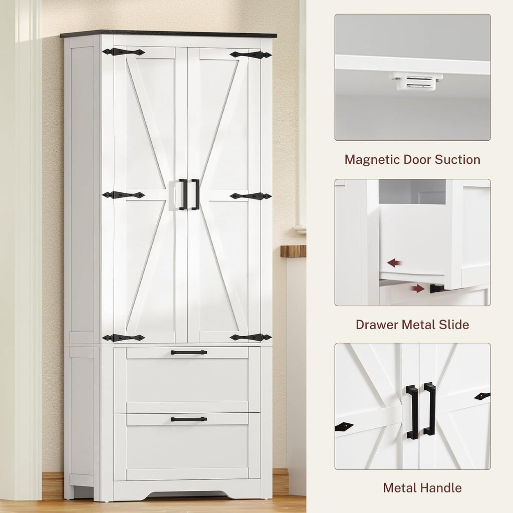 66.1" H Storage Cabinet with 2 Drawers, Farmhouse Kitchen Pantry Cabinet with 2 Doors & Adjustable Shelf, Bathroom