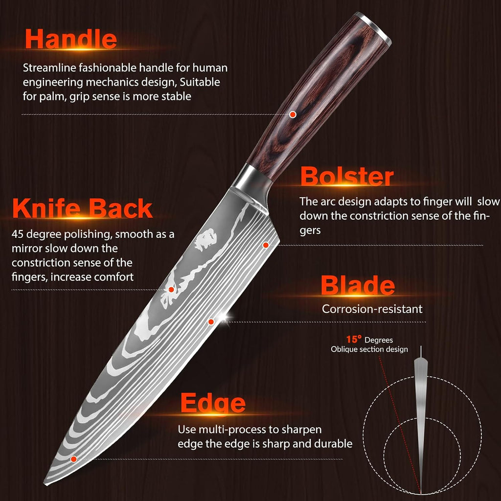 Kitchen Knife Set, 9 Pieces High Carbon Stainless Steel Chef Knife Set | Japanese Knives Set with Roll Bag, Ergonomic