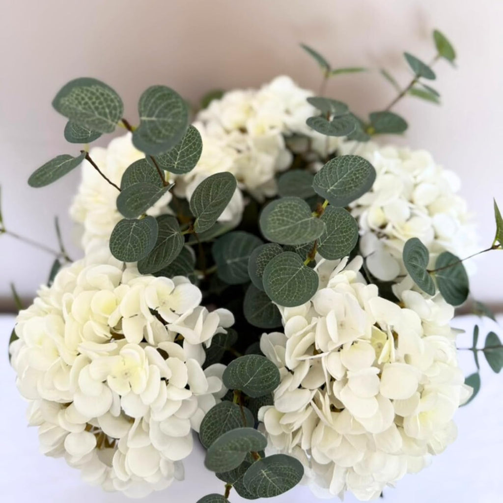 Real Touch White Faux Hydrangea And Eucalyptus Arrangement, Faux Floral Arrangements, Hyper Realistic Artificial