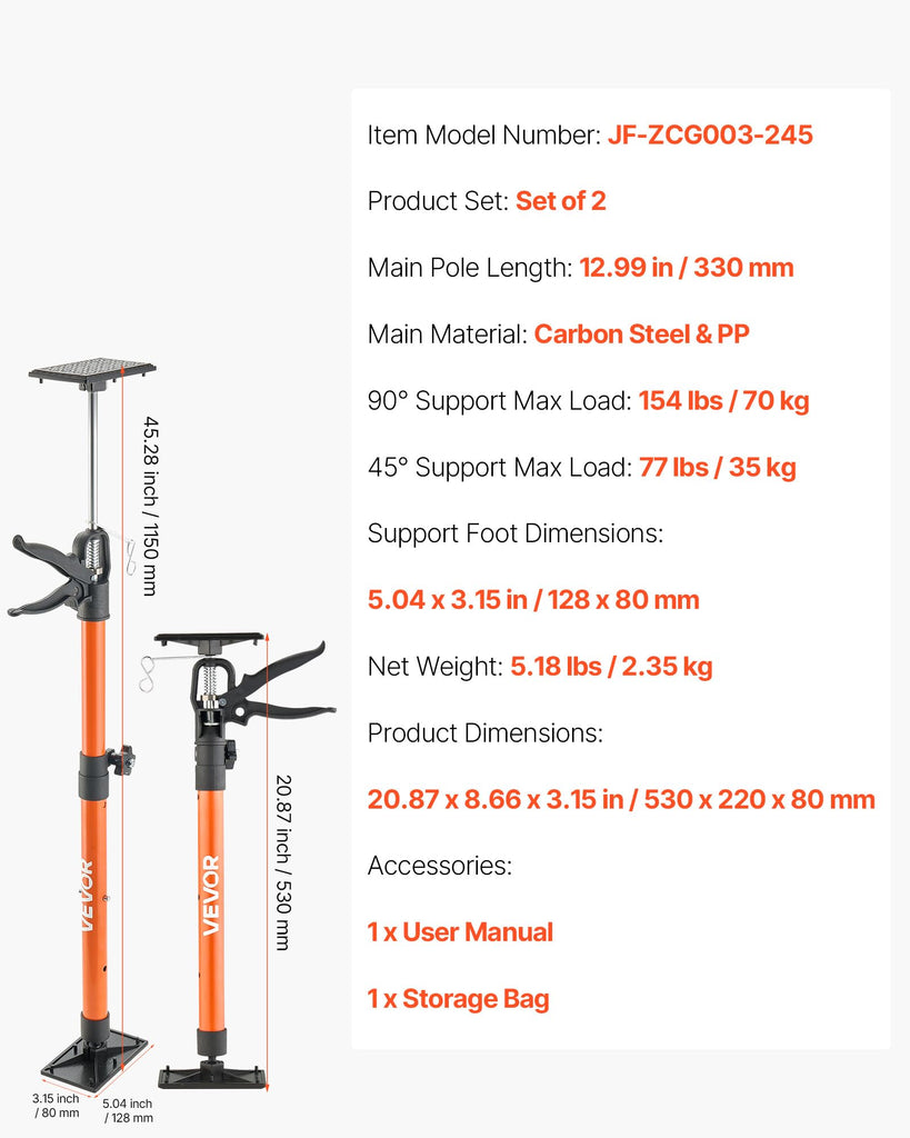 Cabinet Jack Support Pole, 2-Pack, 20.8-45.3 Inch Steel Telescopic Quick Support Rod, Adjustable 3rd Hand System up