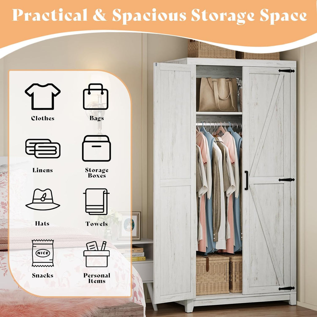 70" Large Armoire Wardrobe Closet with Hanging Rod, Farmhouse Clothing Storage Cabinet with 2 Barn Doors, Wooden Tall