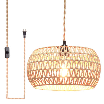 Plug in Pendant Light Rattan Hanging Lamp Pendant Light with on/Off Switch Rattan Woven Shade Hanging Lamp Plug in