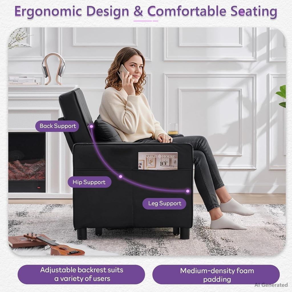 Faux Leather Convertible Sleeper Chair Bed, Single Pull Out Sofa, Black | , 3-in-1, USB & Type-C Charging Ports, Cup