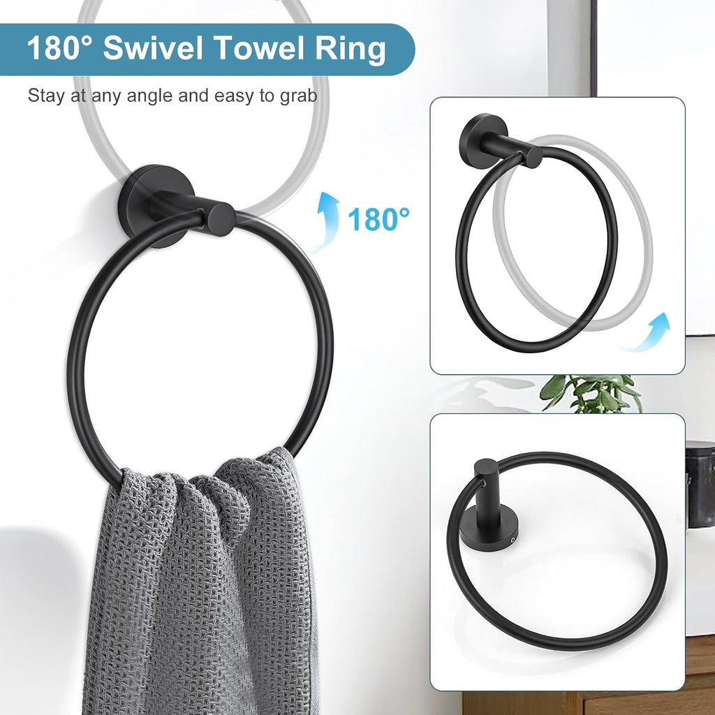 Matte Black Bathroom Hardware Set 5 Pieces, SUS304 Stainless Steel Towel Bar Set Round Bathroom Towel Rack Set Wall