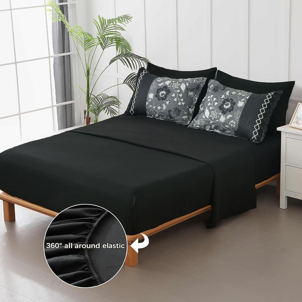 Black Comforter Set Queen, 7 Pieces Bed in a Bag Floral Geometric Patchwork Soft Microfiber Comforter Bedding Set with Comforter, Flat Sheet, Fitted Sheet, Pillow Shams,Pillowcases