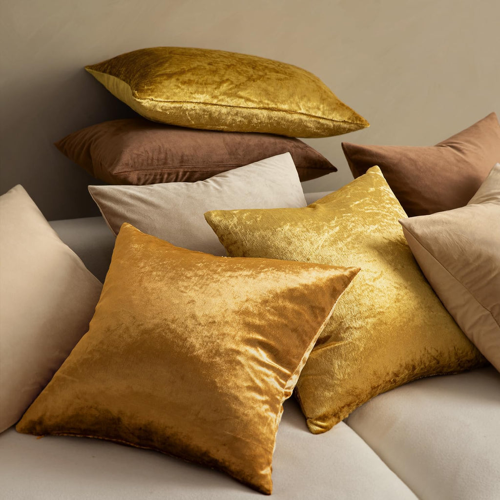 Velvet Throw Pillow Covers 18x18 Inch, Pack of 2 - Golden, Super Soft Decorative Square Cushion Cases Modern Luxury