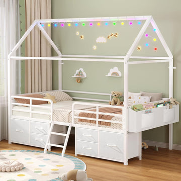 Twin Size Bed Frame with 6 Drawers,White Metal House Kids Bed | Twin Bed Frame for Girls,Safety Guardrail,Inclined