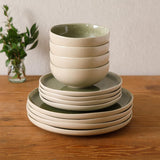 Manila Bay 12-Piece Stoneware Dinnerware Set, Service for 4, Reactive Glaze Modern Artisan Plates, Bowls & Mugs, Green