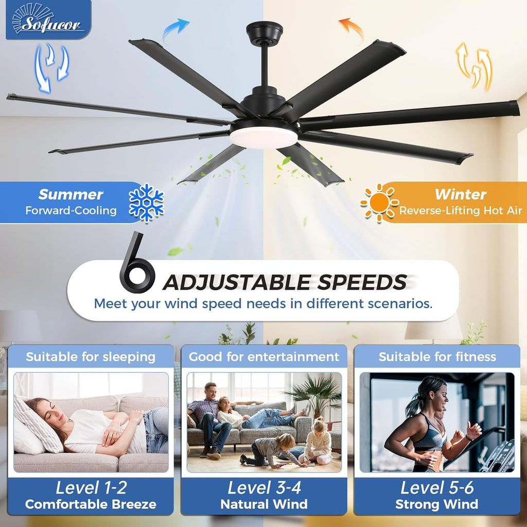 84 Inch Smart Ceiling Fan with Light, 8 Aluminum Blades Outdoor Black Ceiling Fan, Work with App/Alexa/Google