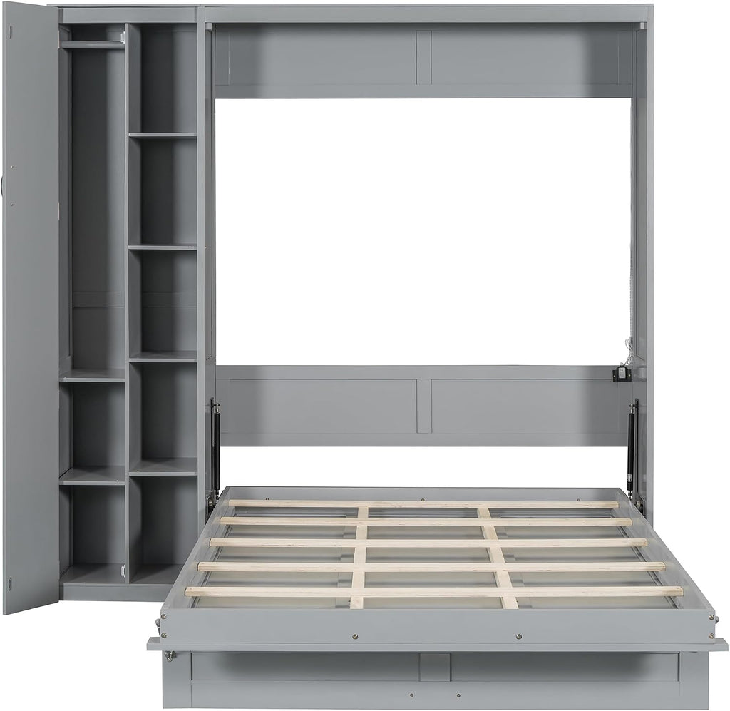 Full Murphy Bed Wall Bed with Shelves, Drawers and LED Lights,Gray