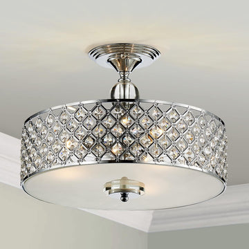 Semi Modern Flush Mount Ceiling Chandelier, 3-Lights K9 Crystal Ceiling Light Fixture for Dining Room, Livingroom, Bedroom, H11 x D15.4, Chrome Finish