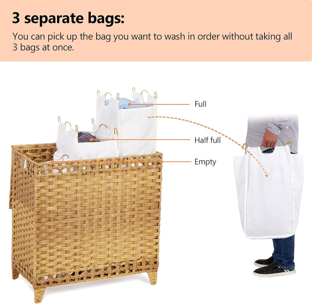 Laundry Hamper with 3 Removable Liner Bags, 132L Laundry Sorter with Lid | Raised Feet; Side Carry Handles; Handwoven