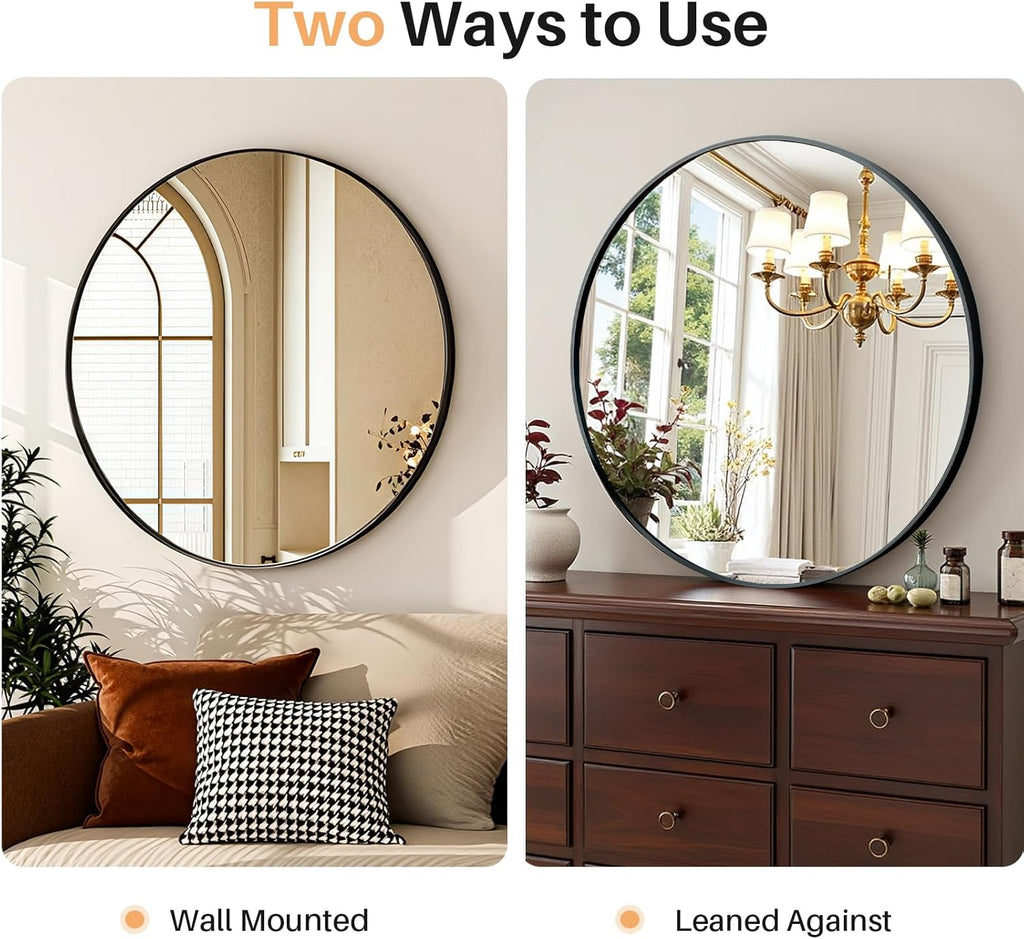 Bathroom Mirror for Wall, 24 Inch Round Mirror, Matte Black Metal Framed Circle Vanity Mirror Bedroom Living Room