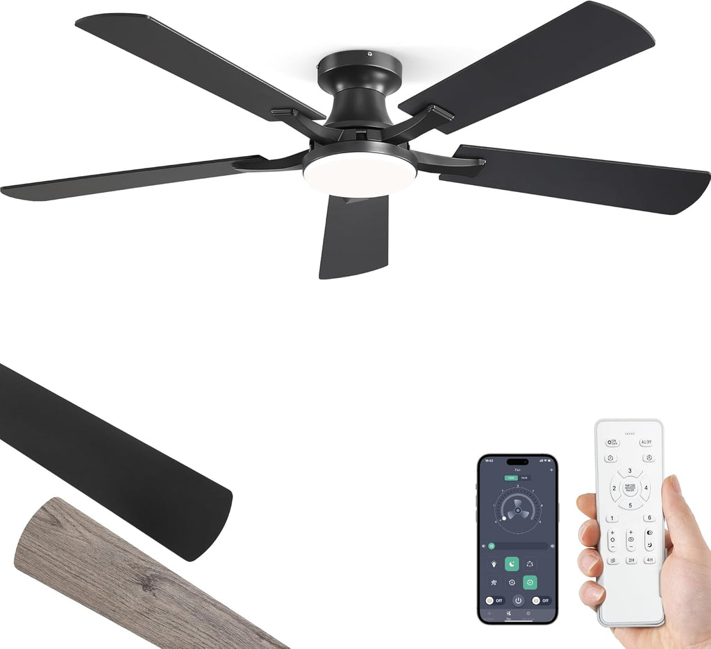 52 Inch Ceiling Fan with Light, App&Remote Control, Flush Mount Low Profile, Dimmable 20W LED Light, Quiet Reversible Motor for Bedroom, Living Room, Apartment, Black A101-B0DPHBLS5W