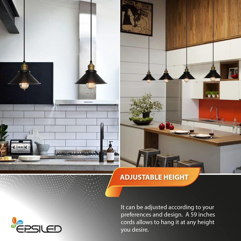 Black Industrial Pendant Light, 9.84" Vintage Hanging Light Fixture, E27 Ceiling Lamp for Kitchen Island, Dining Room