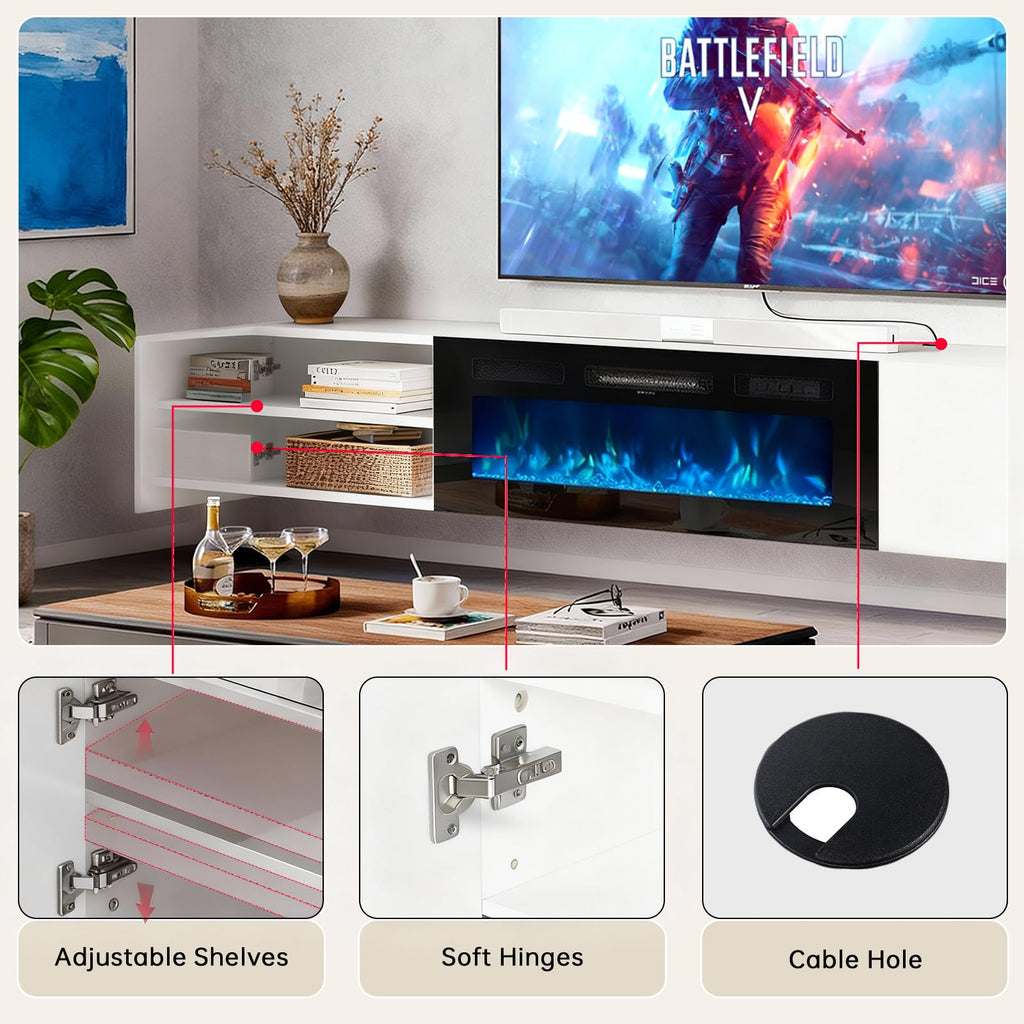 80'' Floating TV Stand with 40" Electric Fireplace, Wall Mounted Entertainment Center with Storage for TVs up to 90"