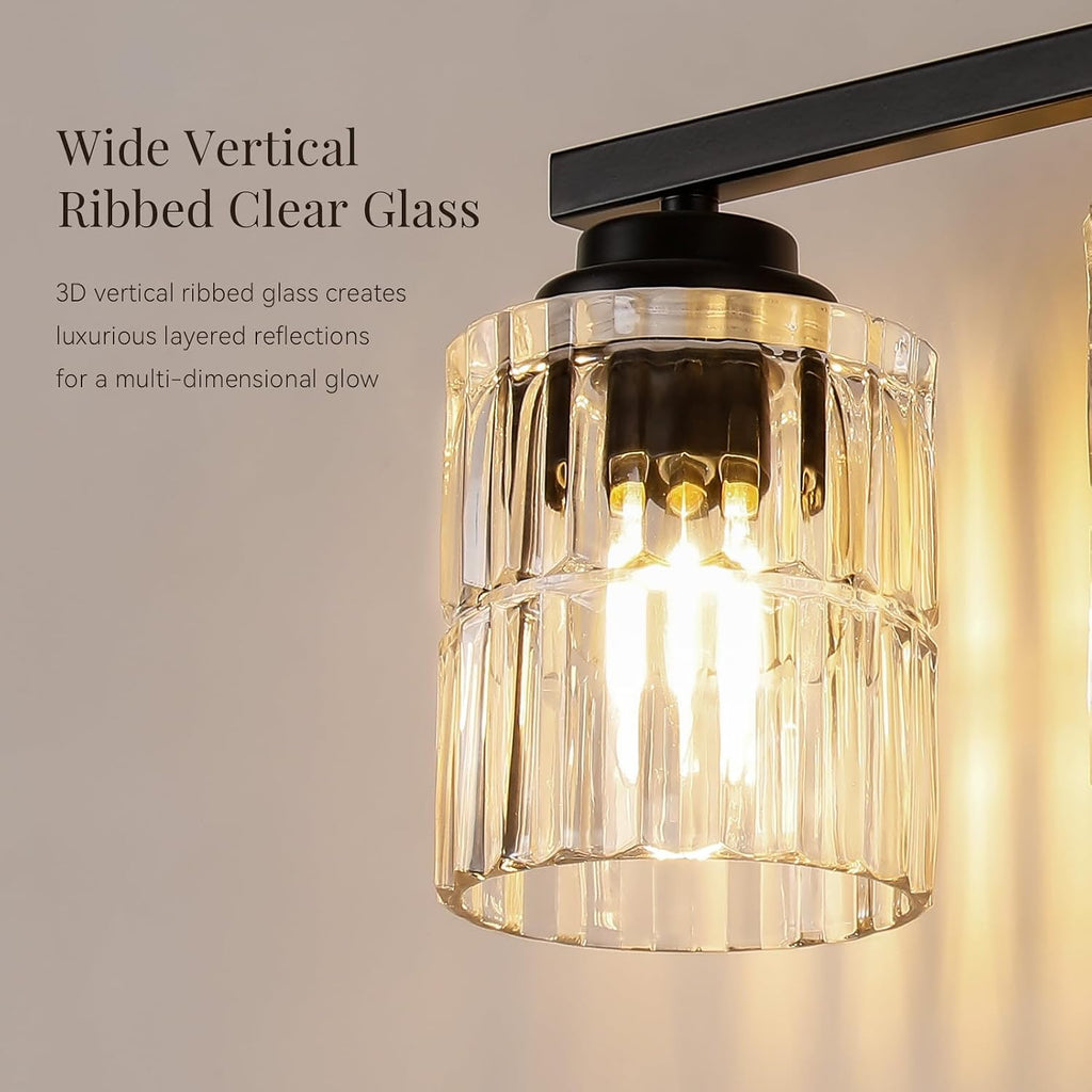 Black 3-Light Bathroom Vanity Light with Fluted Cylinder Glass Shade | Modern Vanity Lighting Fixtures, Bathroom