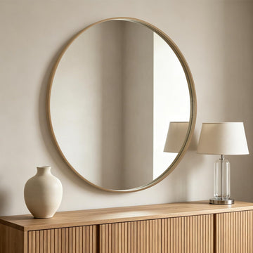 Round Wood Mirror 40 inch Circle Mirror, Rustic Farmhouse Wooden Framed Natural Decorative Wall Decor, Vanity Wall