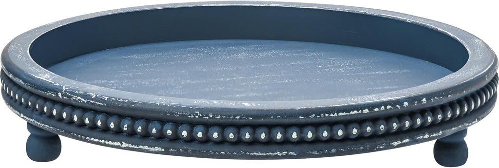 12 Inch Decorative Tray, Small Beaded Tray Coffee Table Decor, Blue Decorative Display Risers for Coffee Table