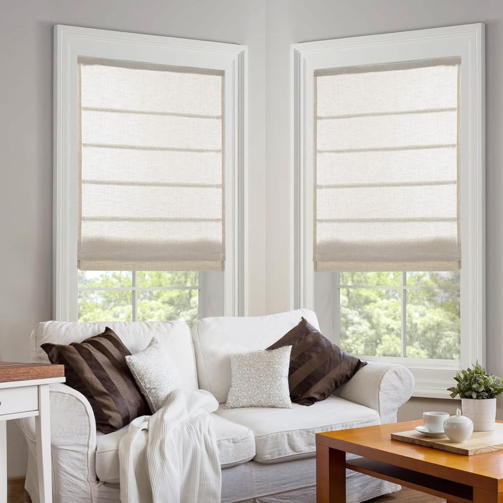 Linen Oatmeal Cordless Roman Shades for Windows, Custom Blackout Light Filtering Roman Window Shades, Washable Fabric