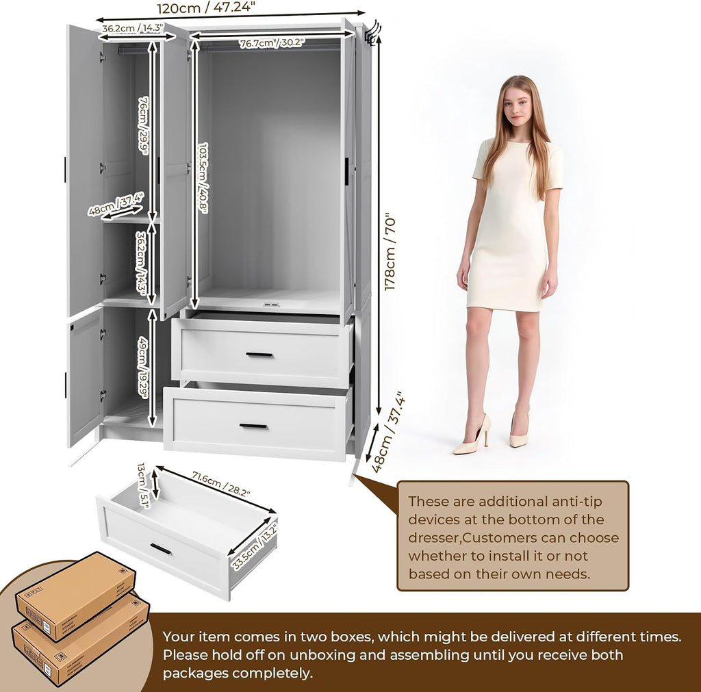 Wooden Wardrobe Closet Armoire with 3 Doors, White Storage Cabinet with Mirror and Led Lights, Bedroom Large Capacity