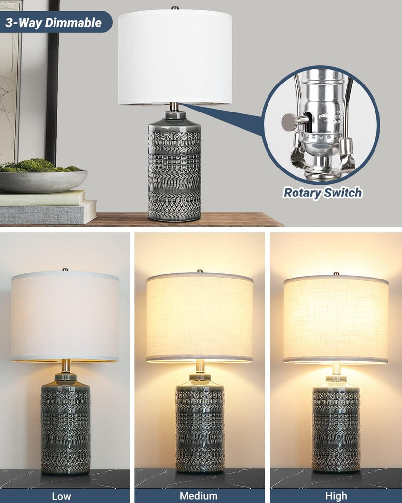 Modern Ceramic Table Lamp, 24.5" Living Room Lamps 3-Way Dimmable Gray Nightstand Lamp with White Shade|Tall Bedside