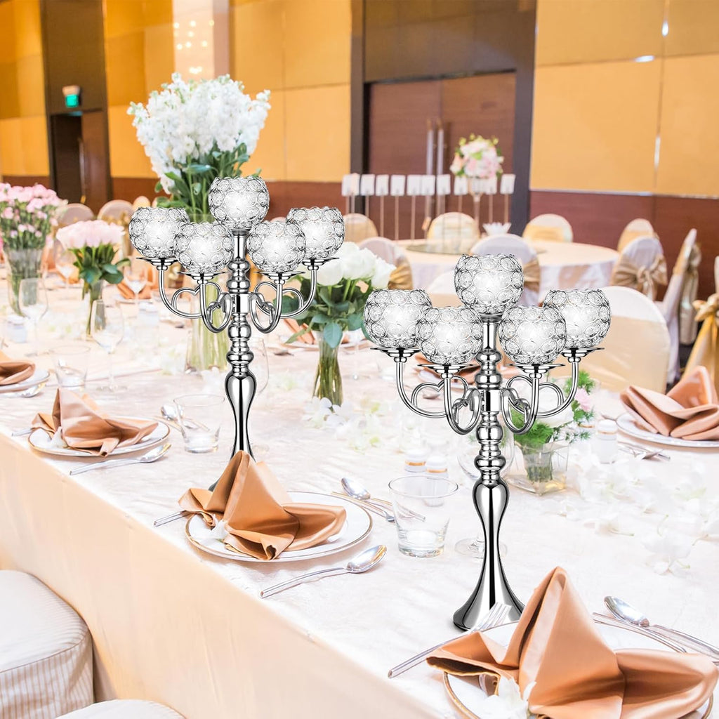 2 Pcs Wedding 5 Arm Crystal Silver Candelabra Table Centerpieces with 12 LED Light 21.5'' Tall Candle Holder Bowl