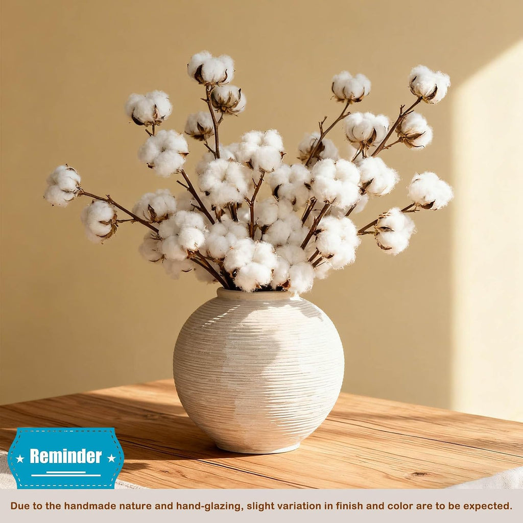 Rustic Farmhouse Vase Home Decor - 6 in Ceramic Boho Decorative Vase for Decor, Round Clay Whitewashed Terracotta