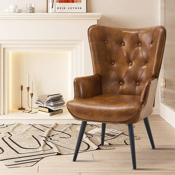 Faux Leather Accent Chair Mid Century Modern Living Room Chairs; Comfy Armchair Leisure Vanity Guest Wingback Chair