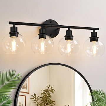 4-Light Bathroom Light Fixtures, Black Bathroom Lights Over Mirror with Clear Glass Globe Shade, Vanity Lights