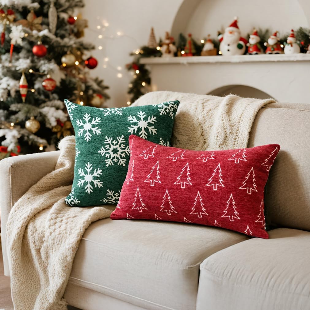 Soft Chenille Christmas Pillow Covers 18x18, Reversible Snowflake & Tree Pattern, Thick & Cozy Farmhouse - Set of 2