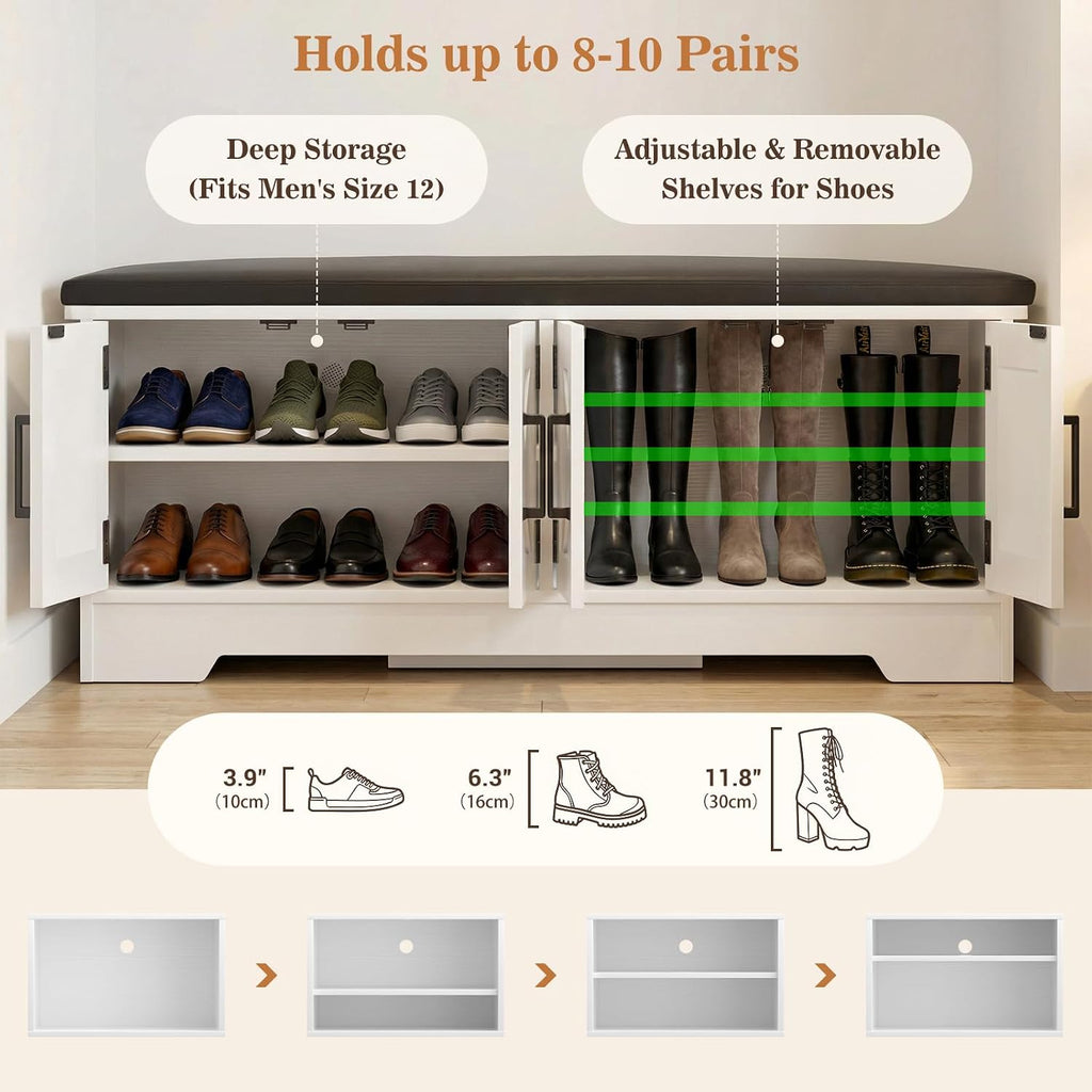 Farmhouse Shoe Storage Bench with Cushion - 43.3" Entryway Bench with Storage & 4 Barn Doors, 2-Tier Wooden Shoe Rack
