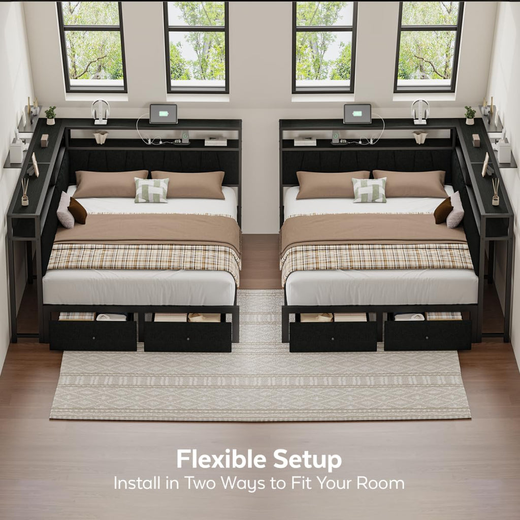 Queen Corner Bed Frame with Storage Drawers, Modern Daybed with LED Lights and Charging Station, Metal Platform Bed
