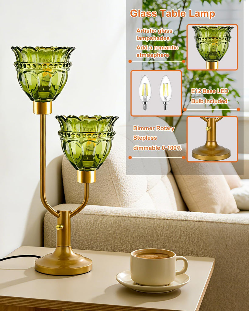 Mid Century Modern Glass Green Table Lamp 2-Light Gold Dimmable Desk Lamps with Crown Glass Shade & 3000K Warmwhite