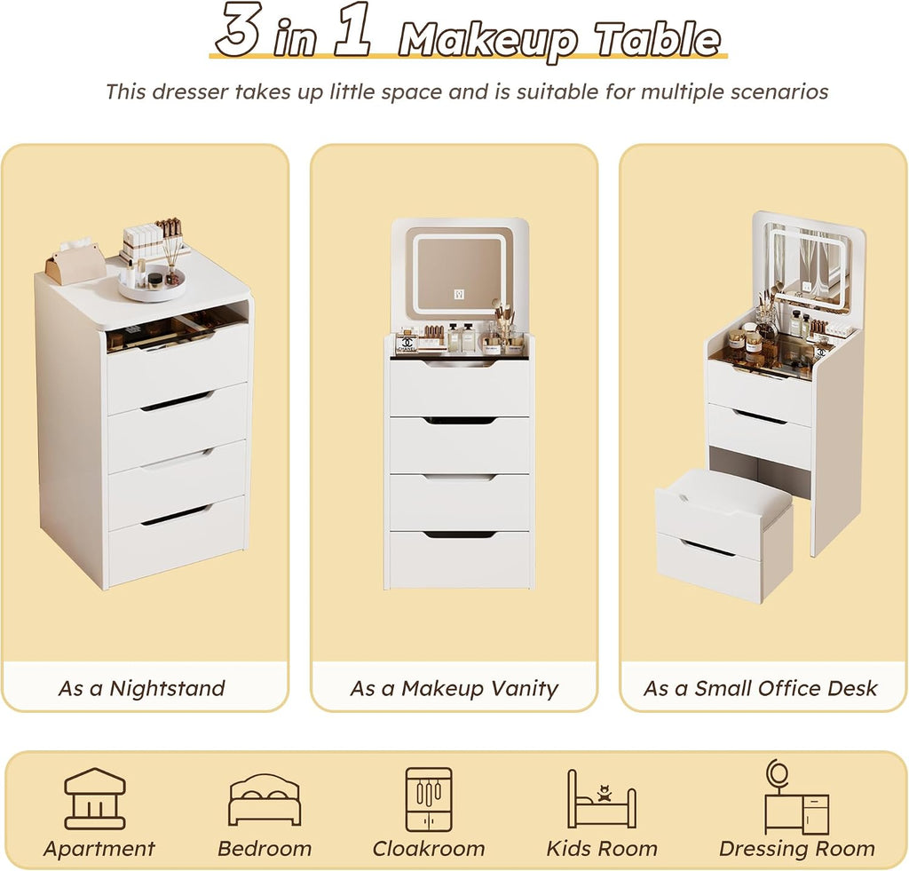 3 in 1 Vanity Desk with Plip Top Mirror, 18.9" D Small Makeup Vanity Set with Visible Glass Desktop, Compact Dressing
